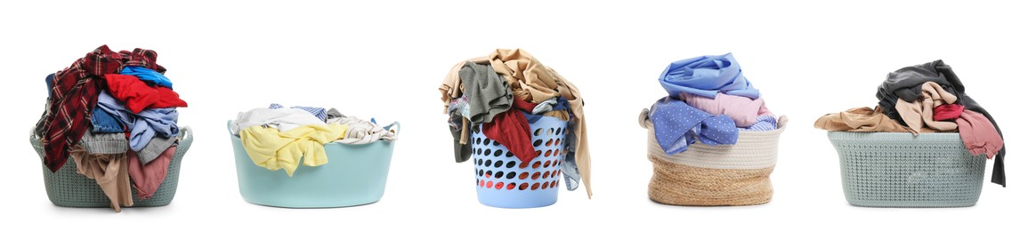 Set with different laundry baskets full of clothes on white background