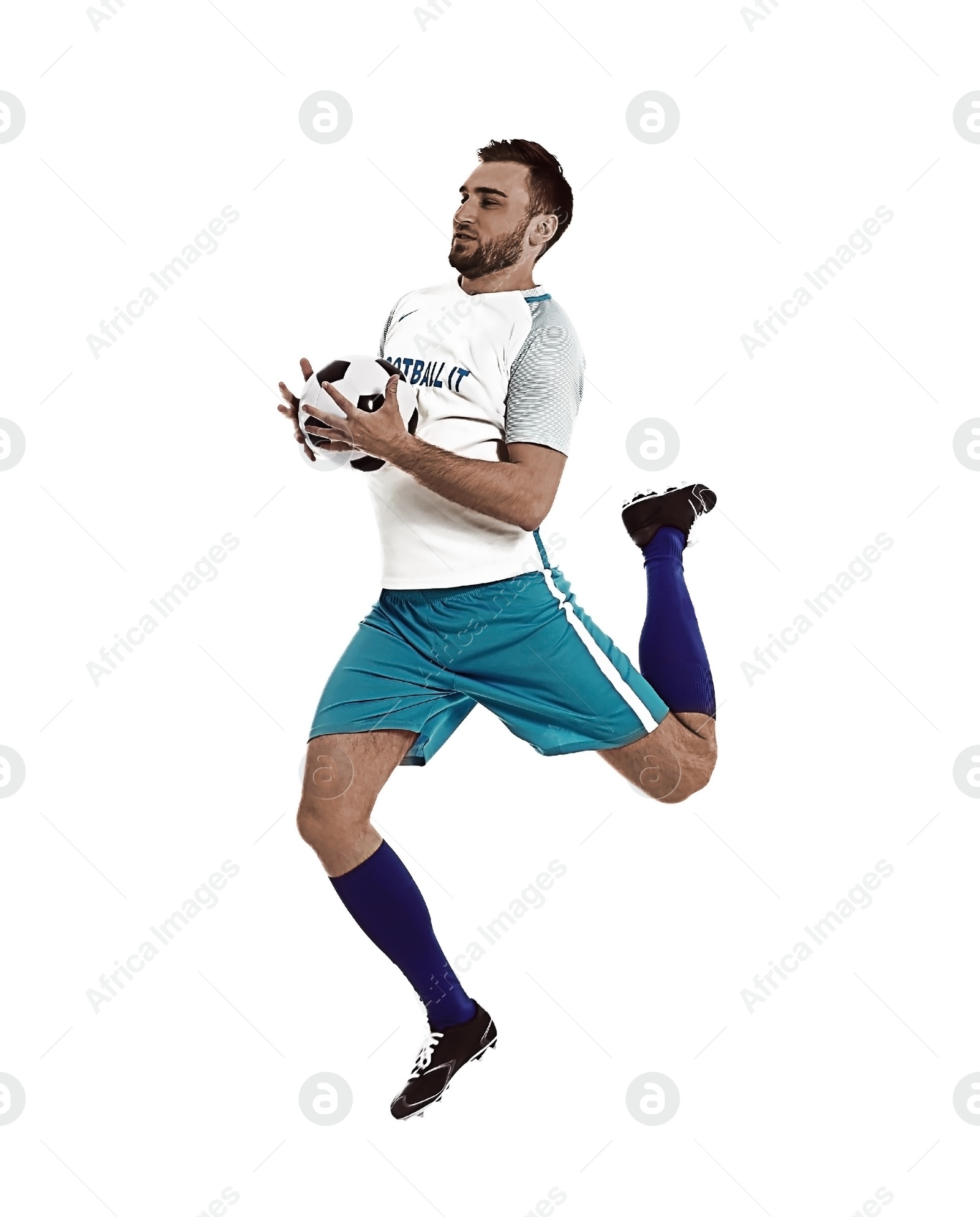 Image of Young man playing football on white background