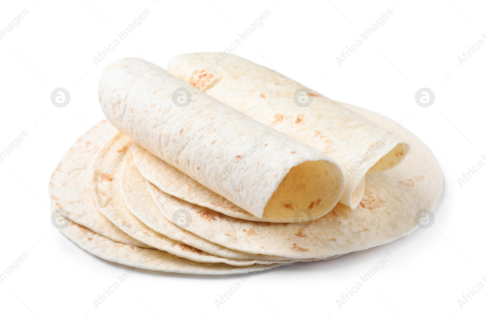 Photo of Corn tortillas on white background. Unleavened bread