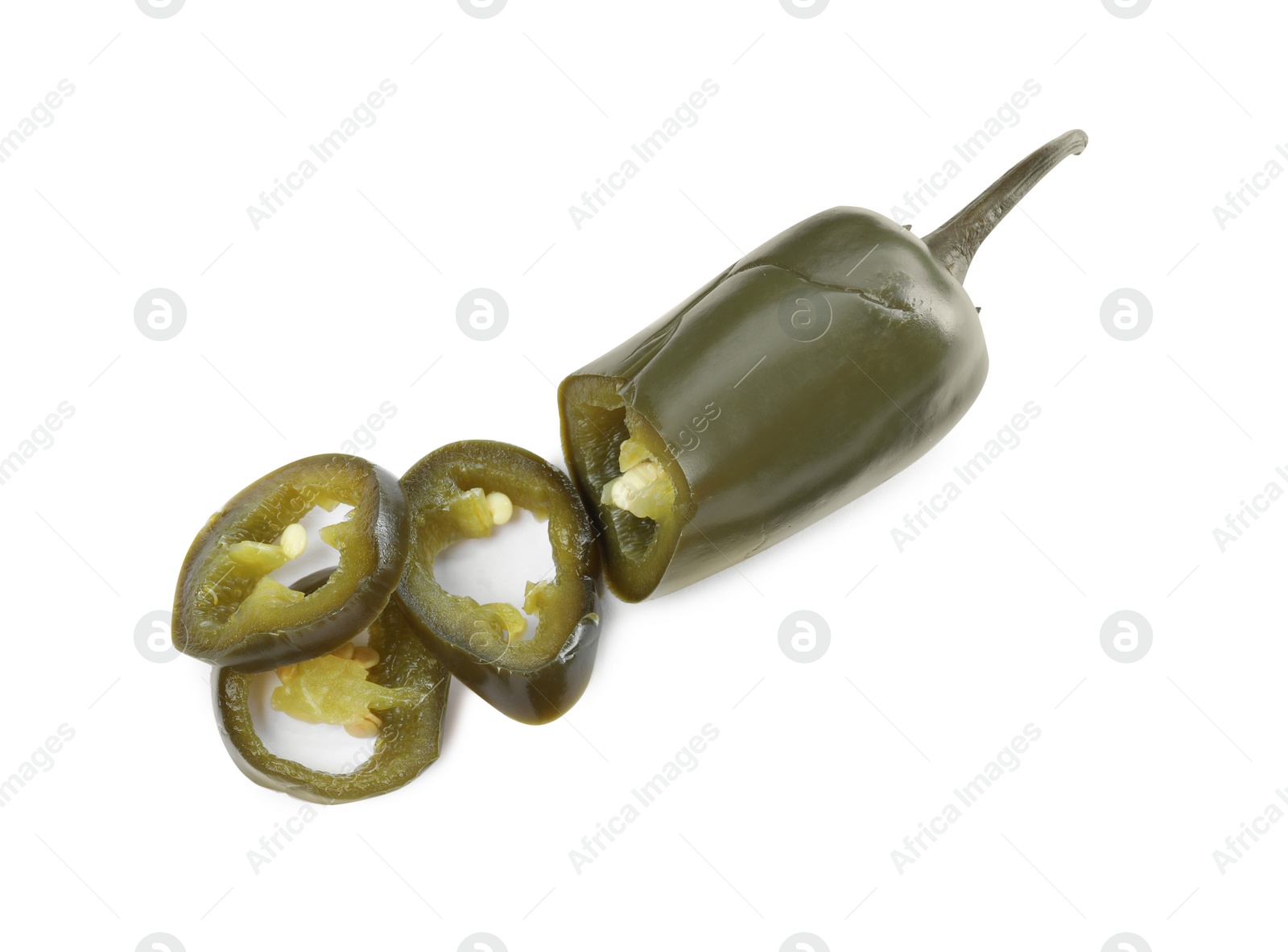 Photo of Cut pickled green jalapeno on white background, top view