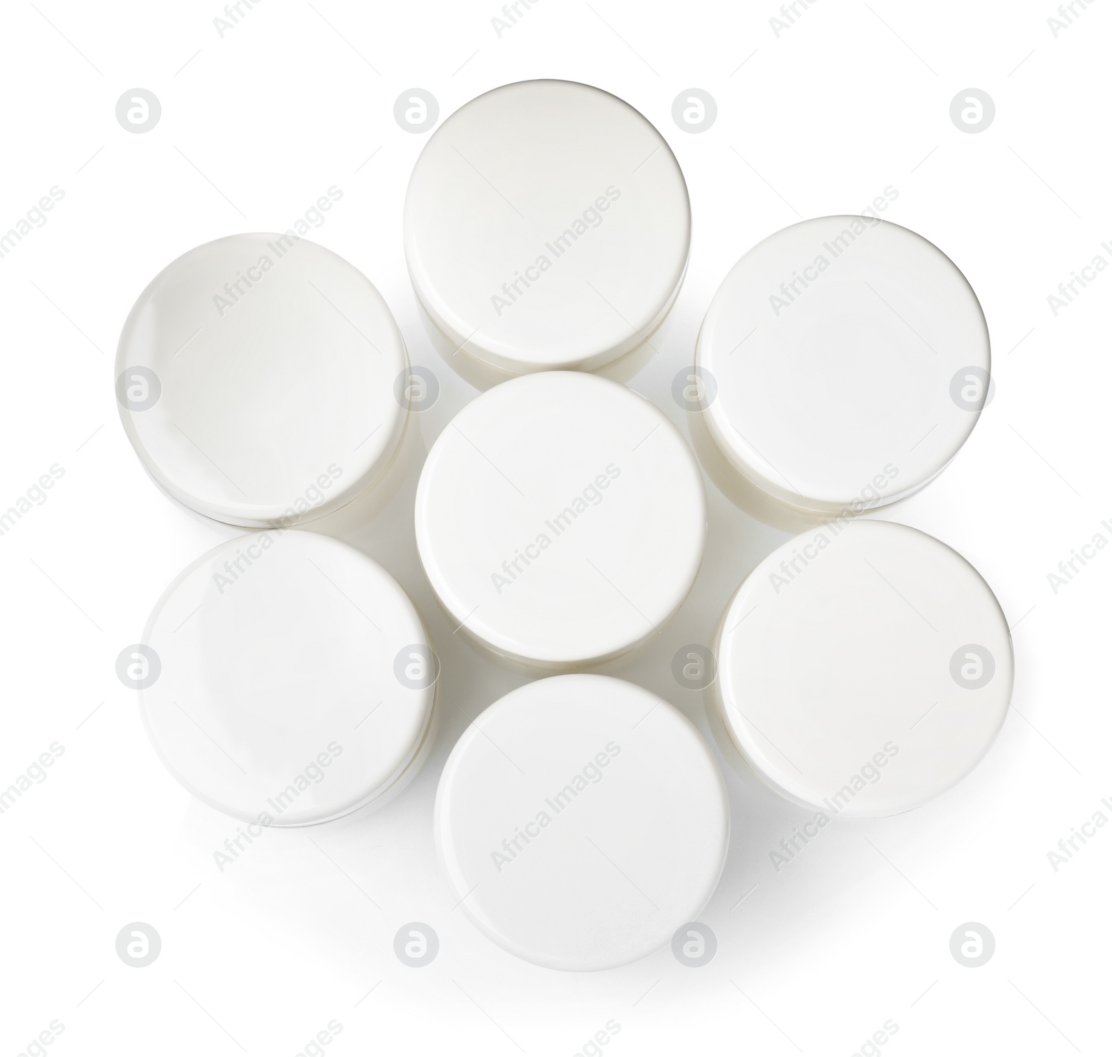 Photo of Portion jars for yogurt maker on white background, top view