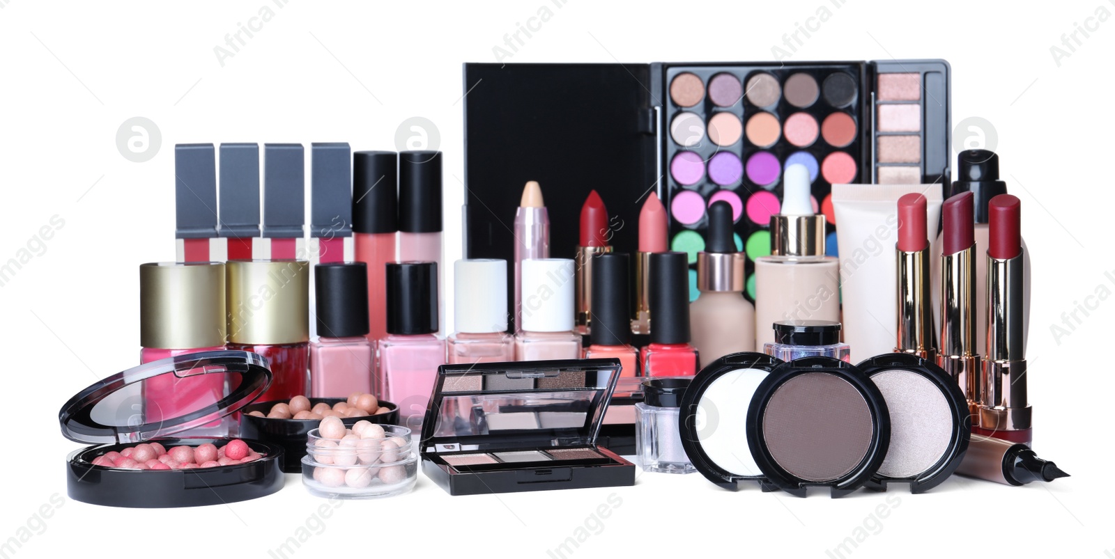 Photo of Different luxury decorative cosmetics on white background