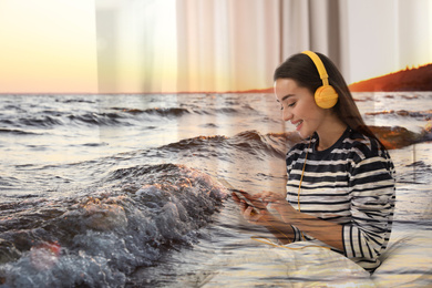 Image of Double exposure of picturesque sea coast and beautiful woman in headphones listening to music