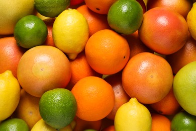 Photo of Different fresh citrus fruits as background, top view