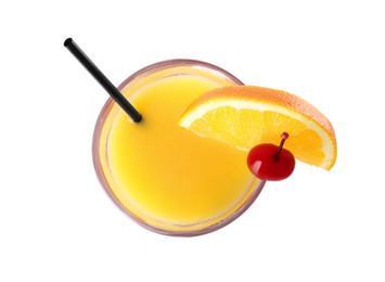 Photo of Fresh alcoholic Tequila Sunrise cocktail isolated on white, top view