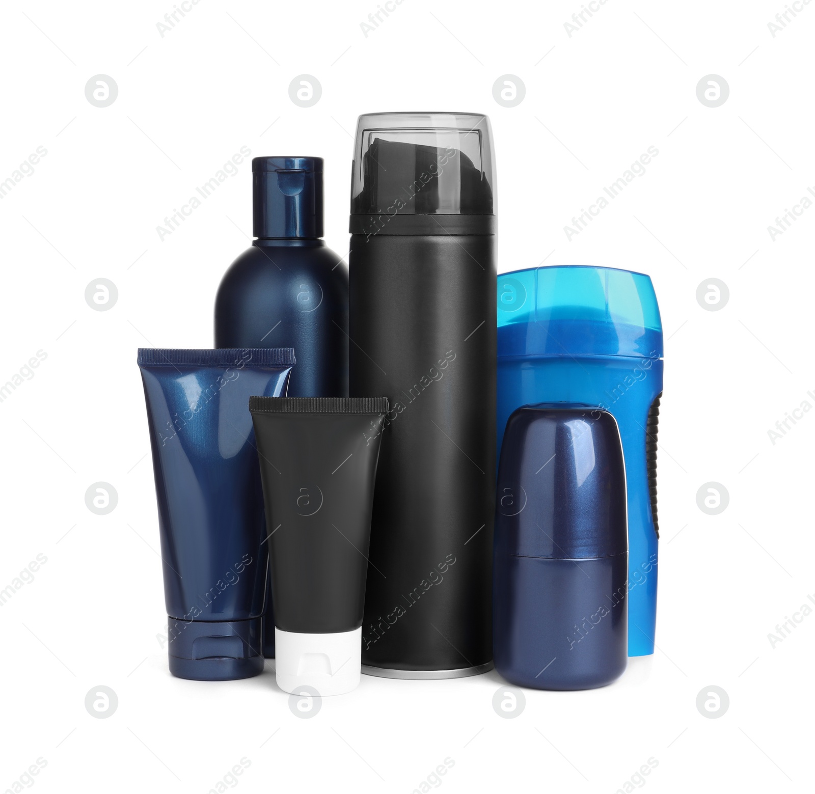 Photo of Facial cream and other men's cosmetic on white background. Mockup for design