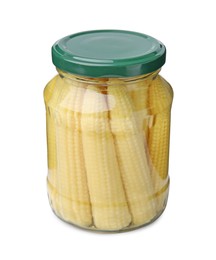 Photo of Tasty fresh yellow baby corns in glass jar isolated on white