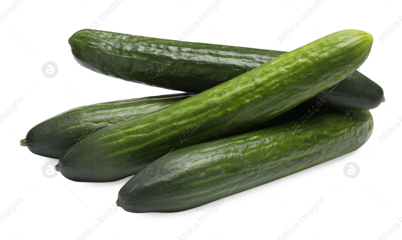 Photo of Many long fresh cucumbers isolated on white