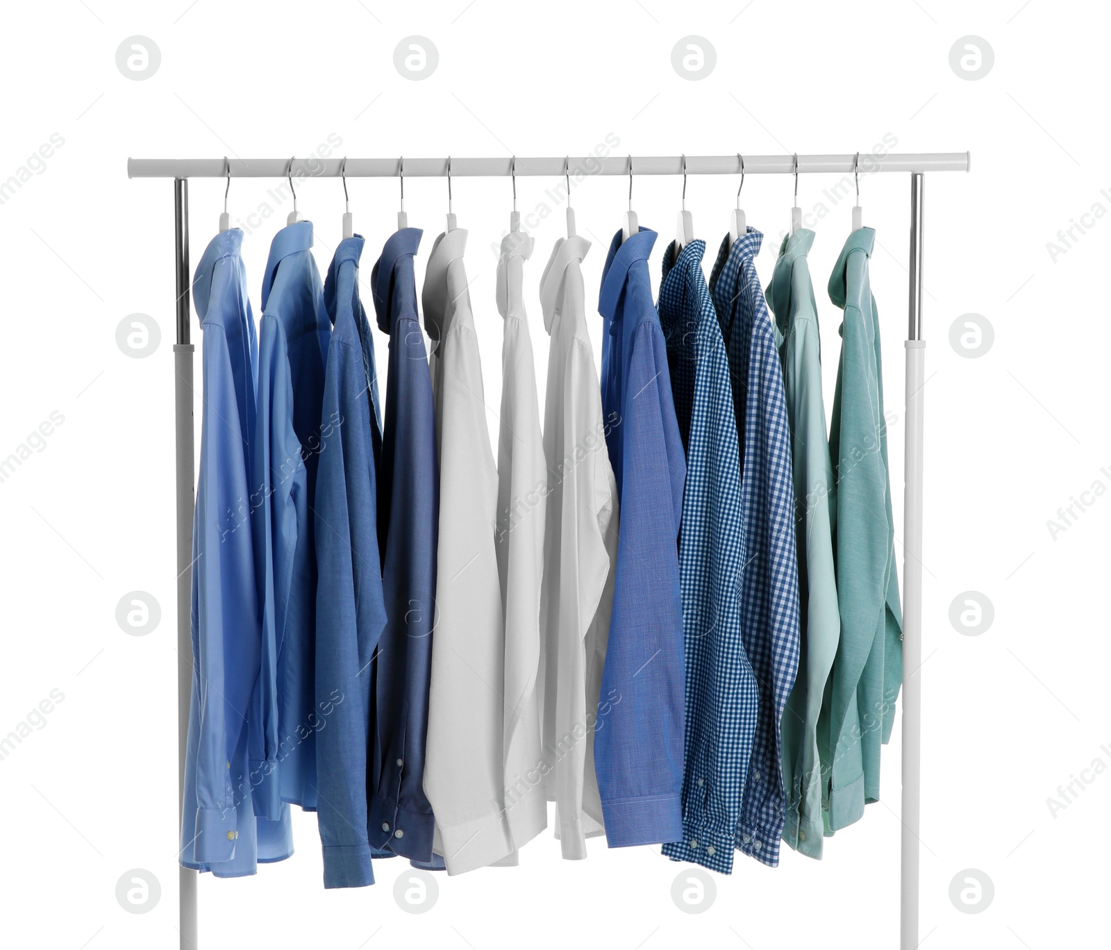 Photo of Men clothes hanging on wardrobe rack against white background