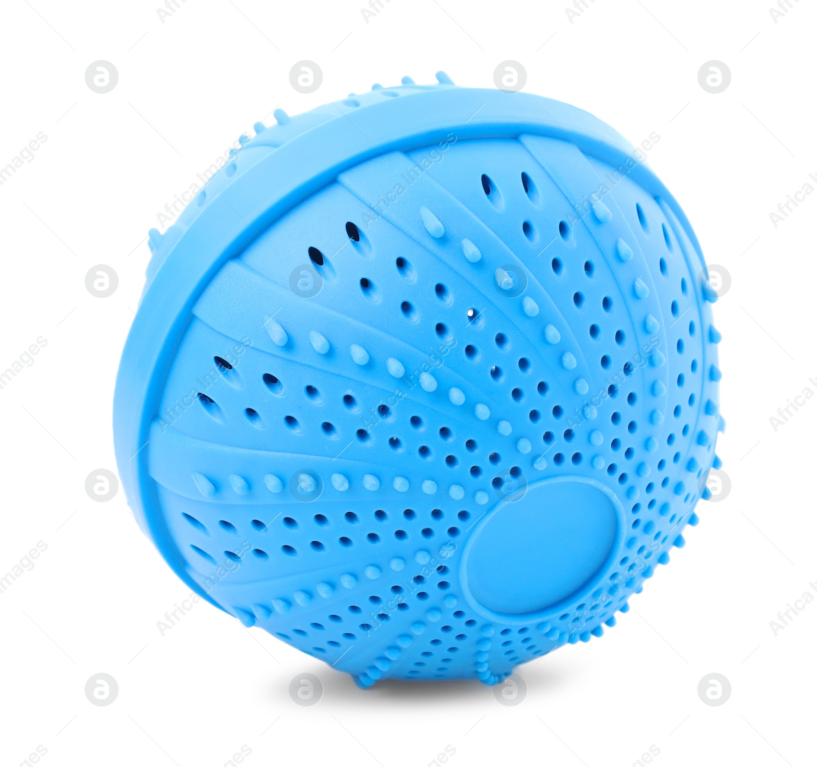 Photo of Light blue dryer ball for washing machine isolated on white. Laundry detergent substitute