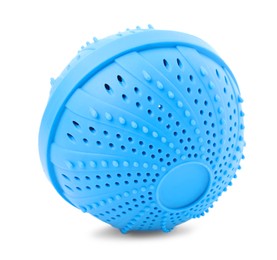 Light blue dryer ball for washing machine isolated on white. Laundry detergent substitute