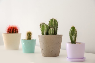 Photo of Beautiful cacti in flowerpots on white table indoors