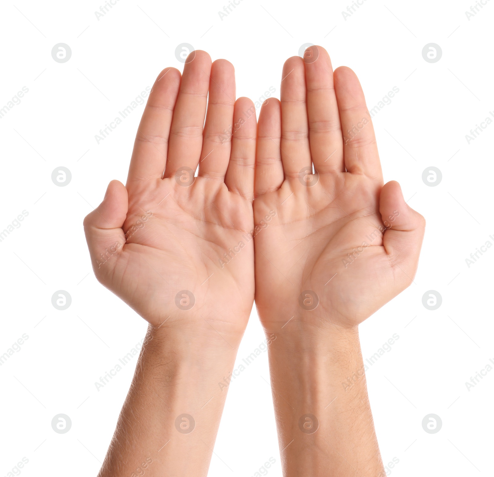 Photo of Man showing hands on white background, closeup