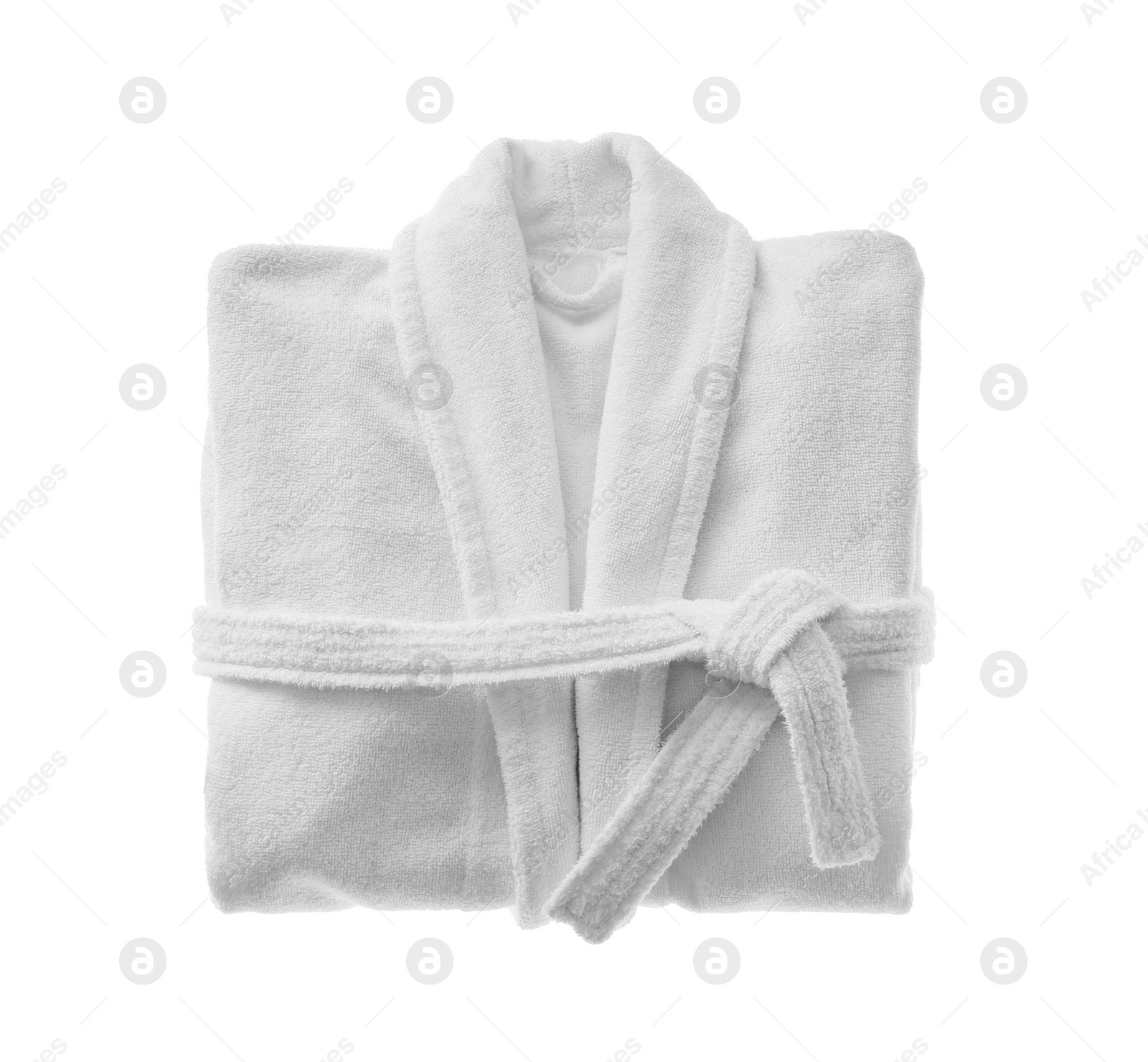 Photo of Clean folded bathrobe isolated on white, top view