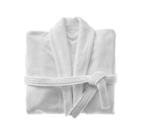 Photo of Clean folded bathrobe isolated on white, top view