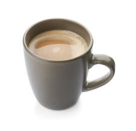 Cup of aromatic hot coffee on white background