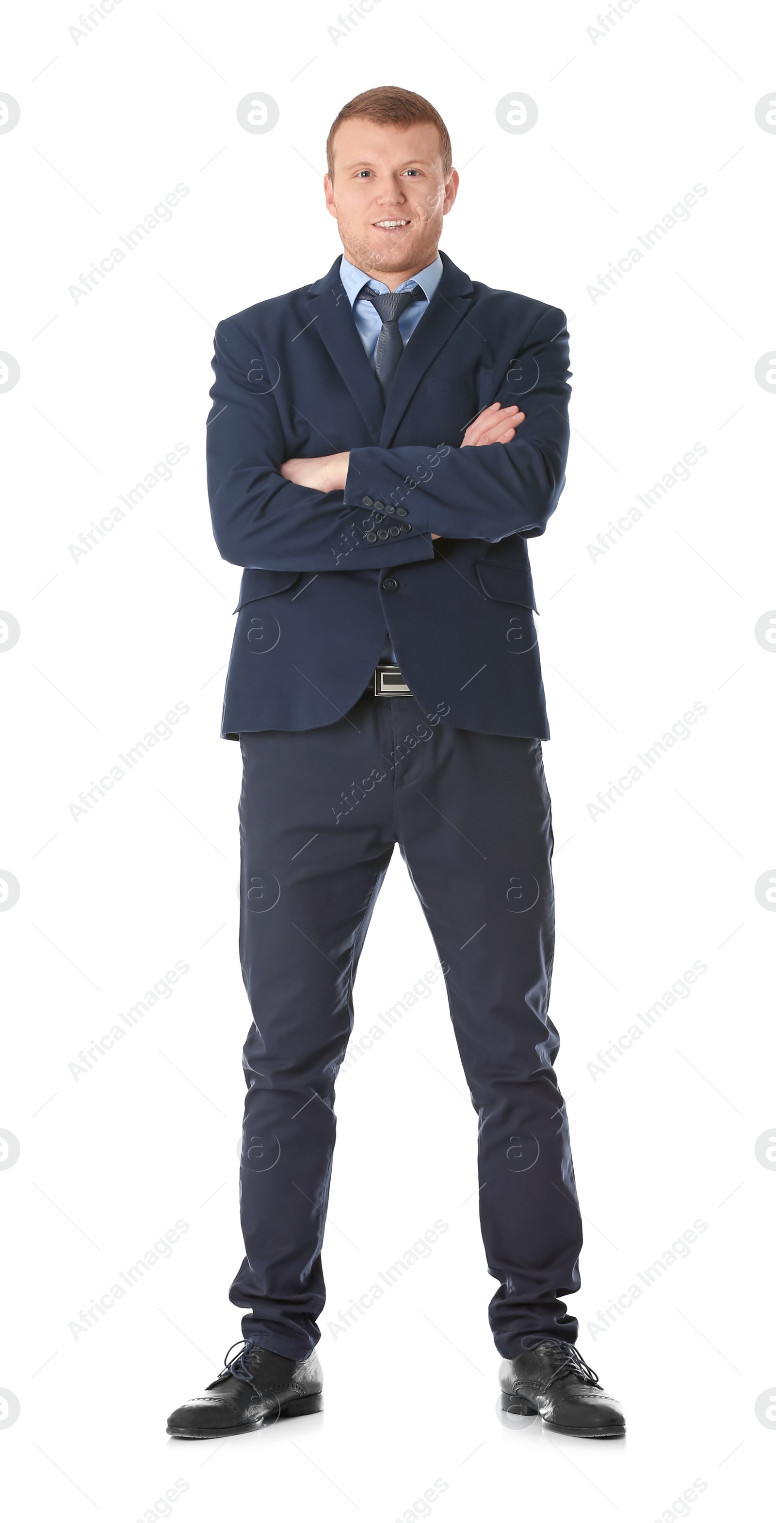 Photo of Successful business trainer with crossed arms on white background