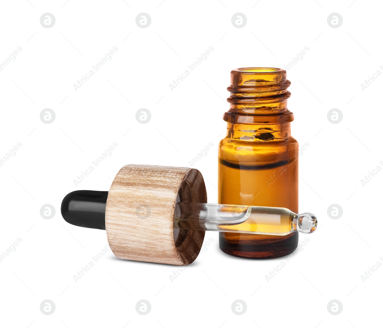 Photo of Bottle of essential oil and dropper isolated on white