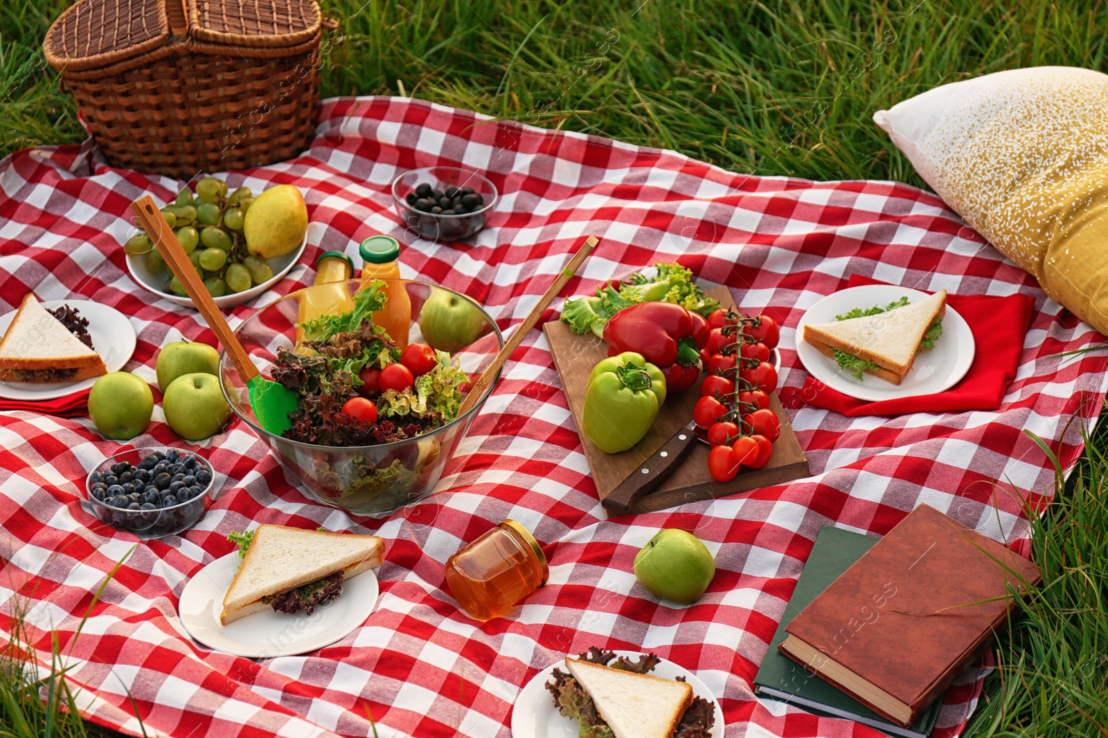 Photo of Picnic blanket with delicious snacks on grass in park