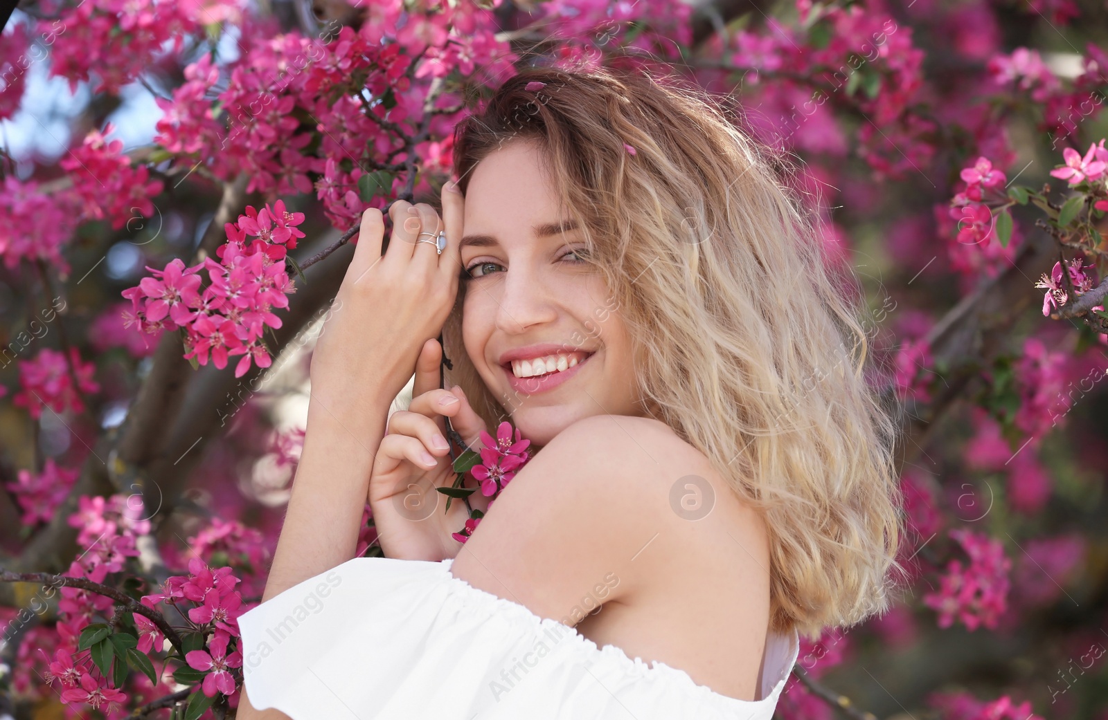 Photo of Attractive young woman posing near blossoming tree on sunny spring day