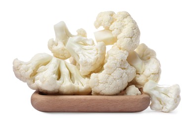 Photo of Wooden plate with cut fresh raw cauliflowers on white background