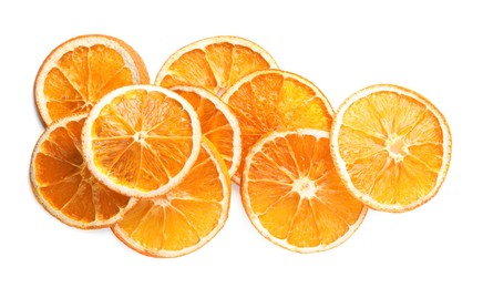 Photo of Delicious dry orange slices on white background, top view