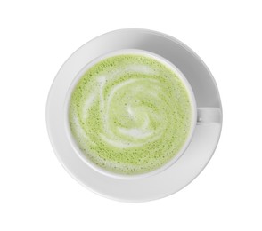 Photo of Cup of fresh matcha latte isolated on white, top view