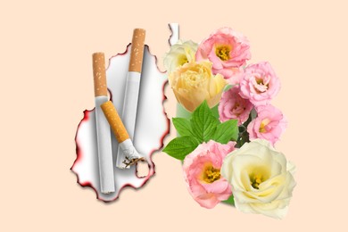 Illustration of  human lungs - one part with image of fresh flowers, another with cigarettes on color background. Healthy and unhealthy lifestyle concept