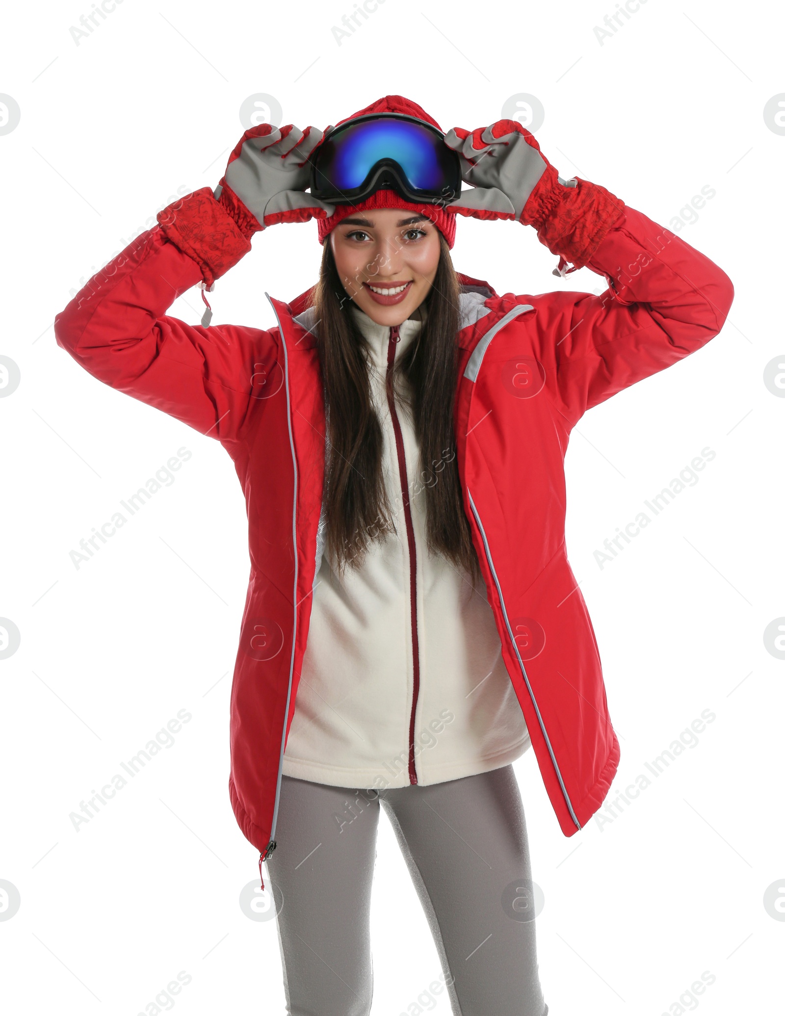 Photo of Woman wearing stylish winter sport clothes on white background