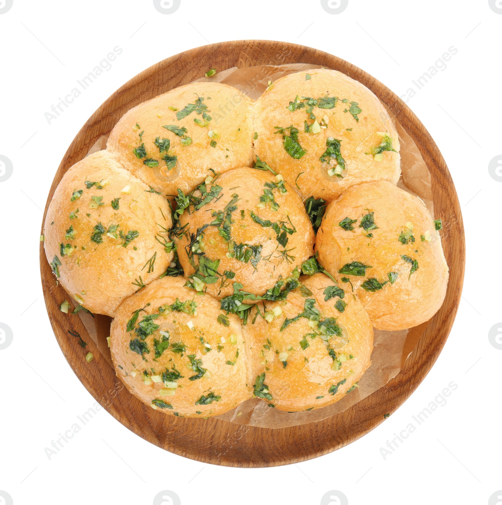 Photo of Traditional pampushka buns with garlic and herbs on white background, top view