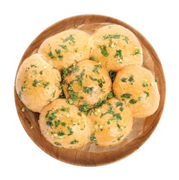 Traditional pampushka buns with garlic and herbs on white background, top view