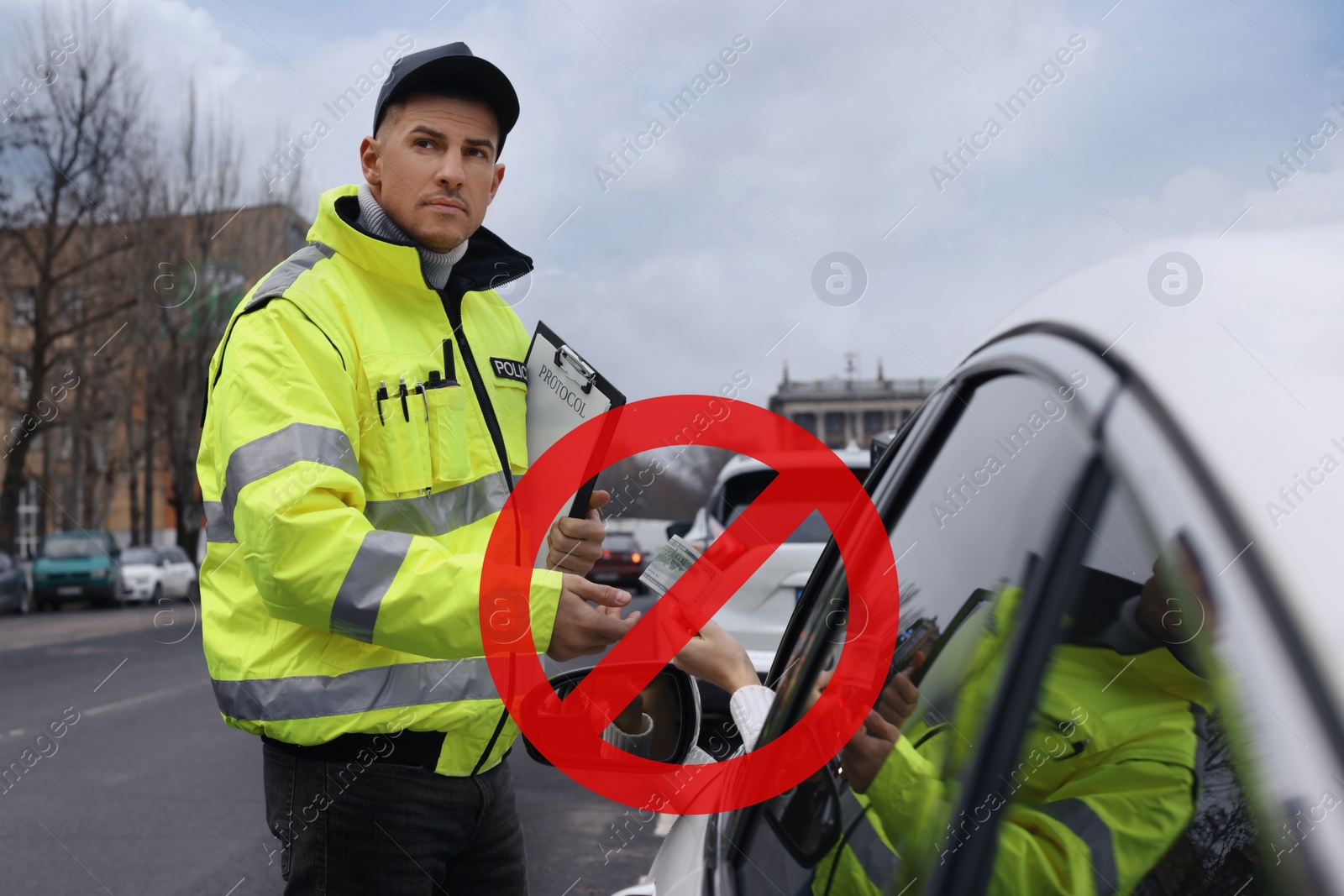 Image of Stop corruption. Illustration of red prohibition sign and woman giving bribe to police officer out of car window