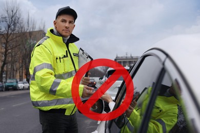 Image of Stop corruption. Illustration of red prohibition sign and woman giving bribe to police officer out of car window