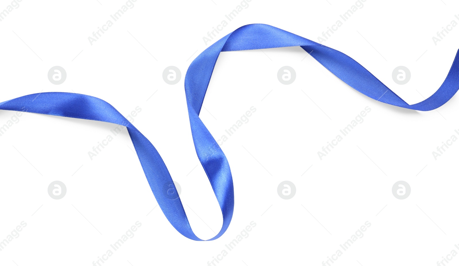 Photo of Beautiful blue ribbon isolated on white, top view