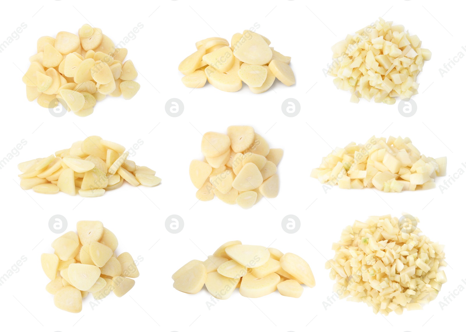 Image of Set of cut garlic on white background