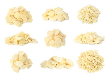 Set of cut garlic on white background