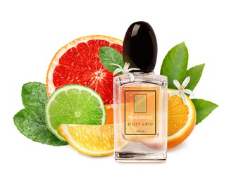 Image of Bottle of perfume with citrus scent on white background