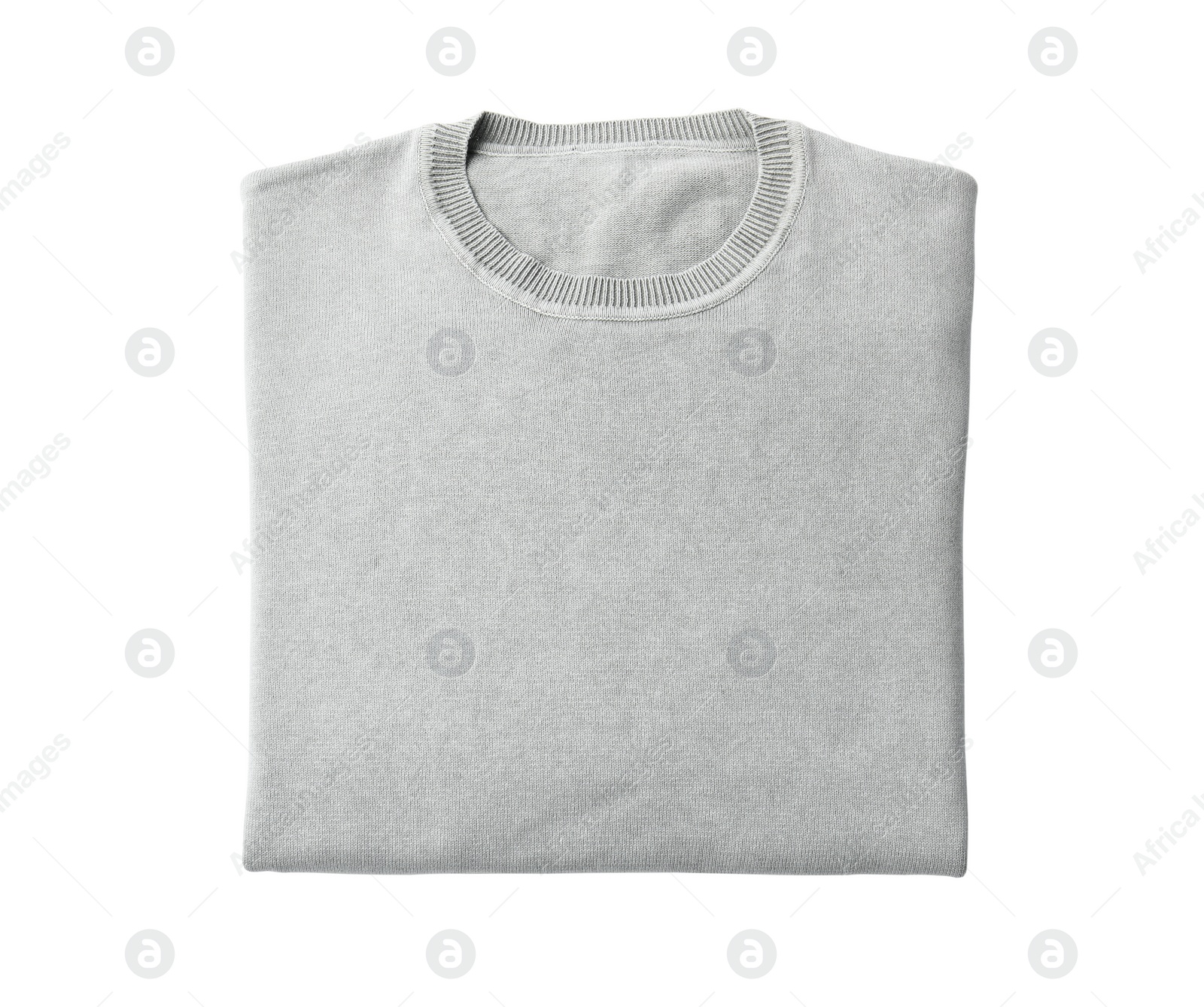 Photo of Folded light grey sweater isolated on white, top view