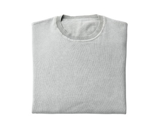 Photo of Folded light grey sweater isolated on white, top view