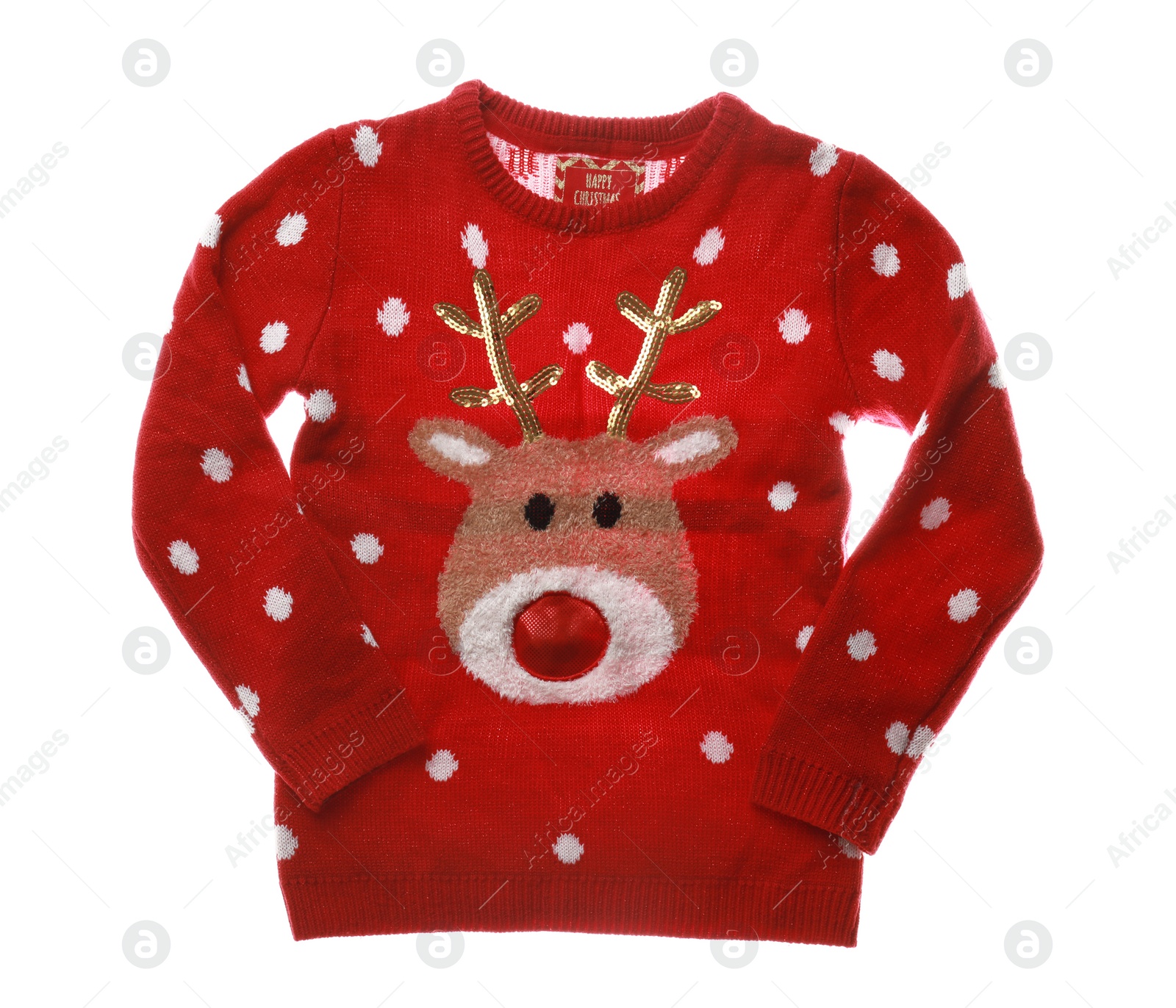 Photo of Warm red Christmas sweater on white background, top view