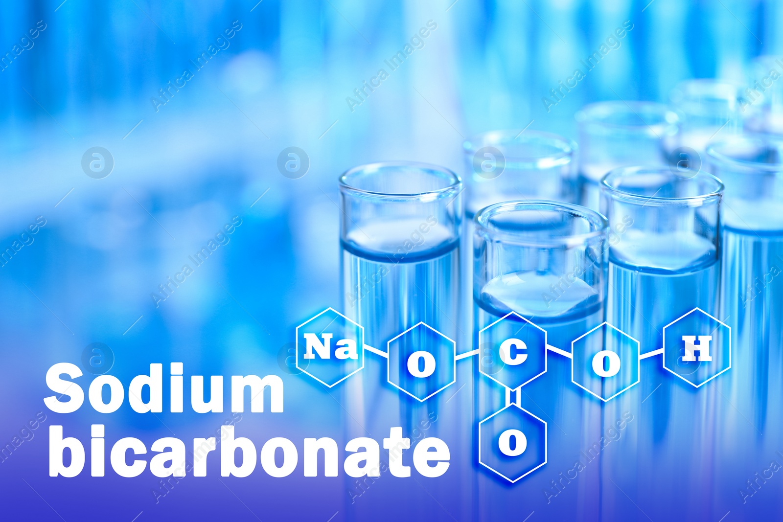 Image of Text Sodium bicarbonate with soda formula and test tubes on background