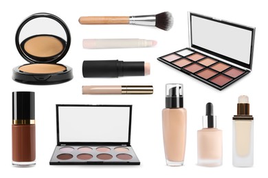 Image of Face powder, concealers, contouring palettes, liquid foundations and brush isolated on white. Collection of makeup products