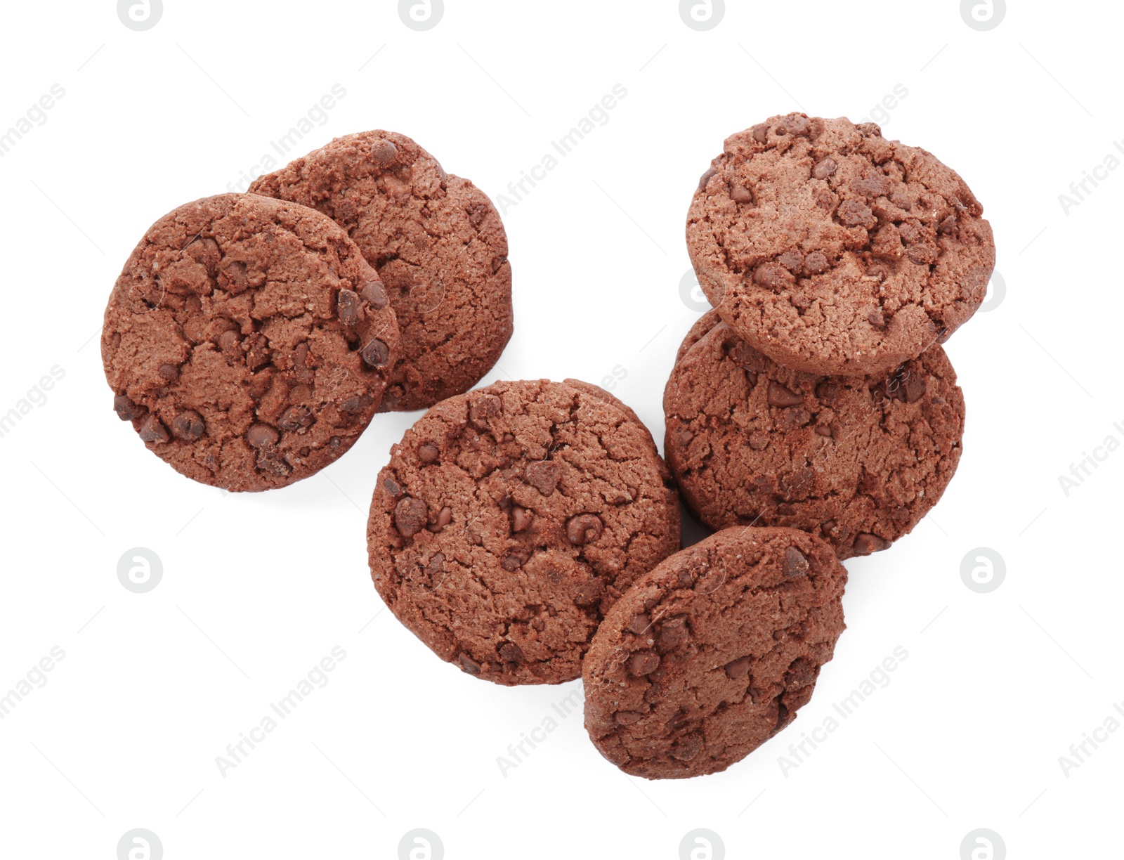 Photo of Delicious chocolate chip cookies isolated on white, top view