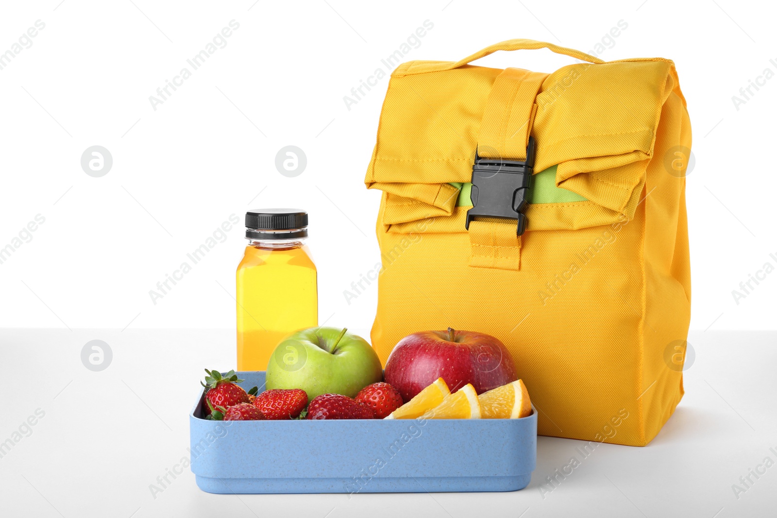 Photo of Lunch box with healthy food for schoolchild on white background