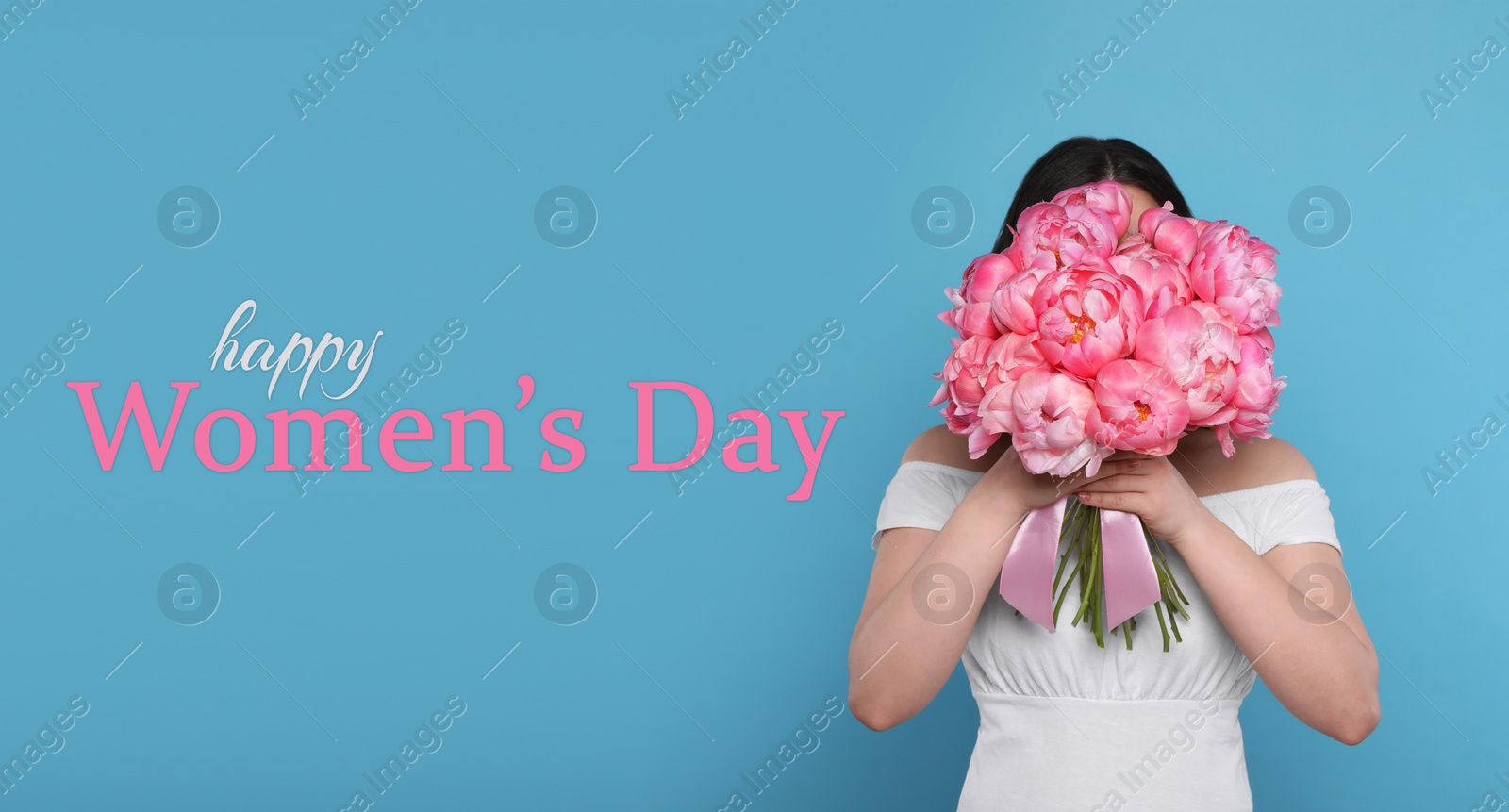 Image of Happy Women's Day, Charming lady holding bouquet of beautiful flowers on light blue background