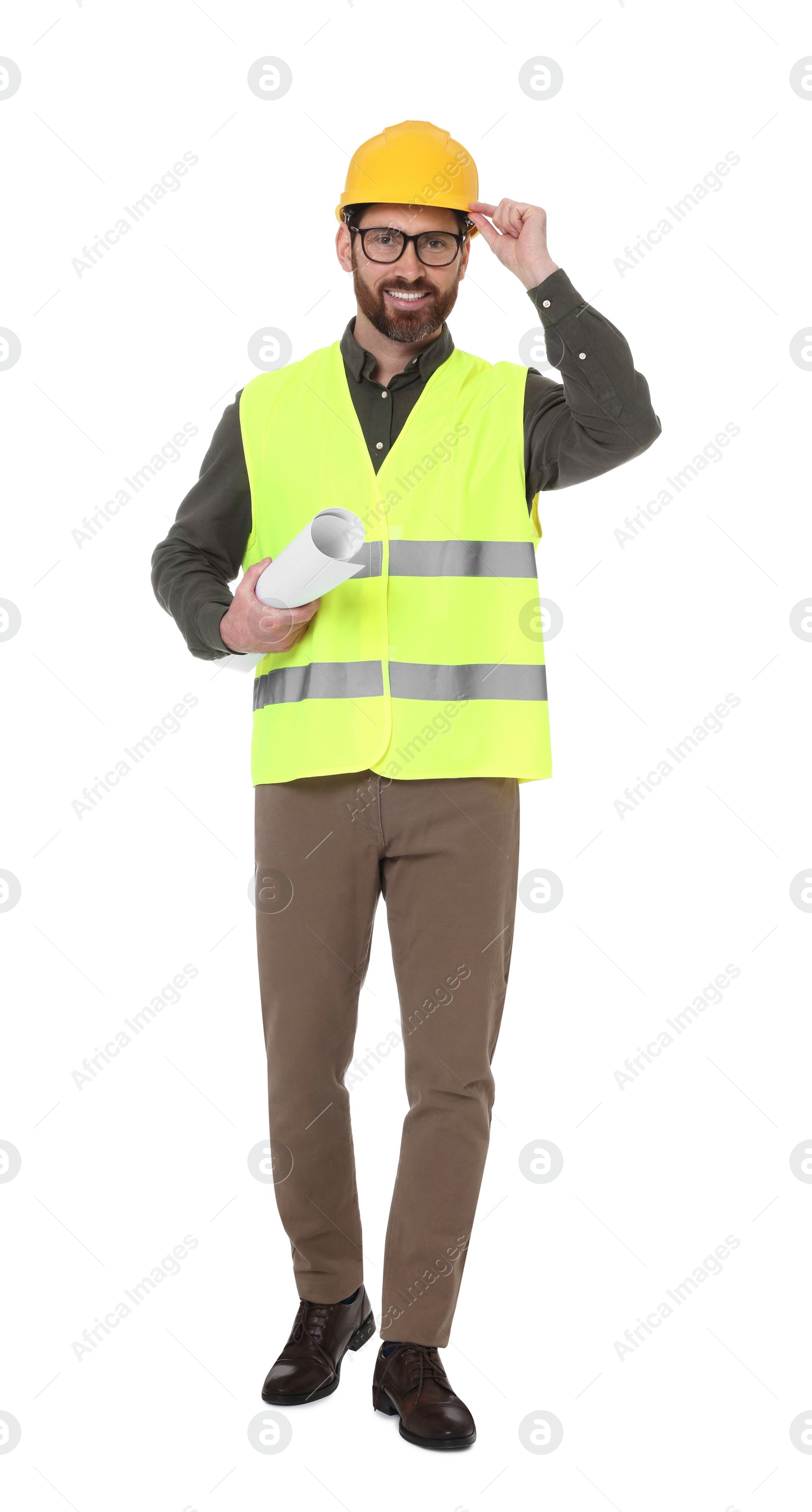 Photo of Architect in hard hat with draft on white background