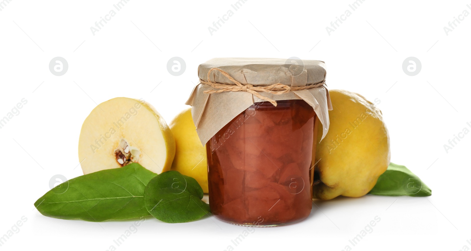 Photo of Delicious quince jam and fruits isolated on white