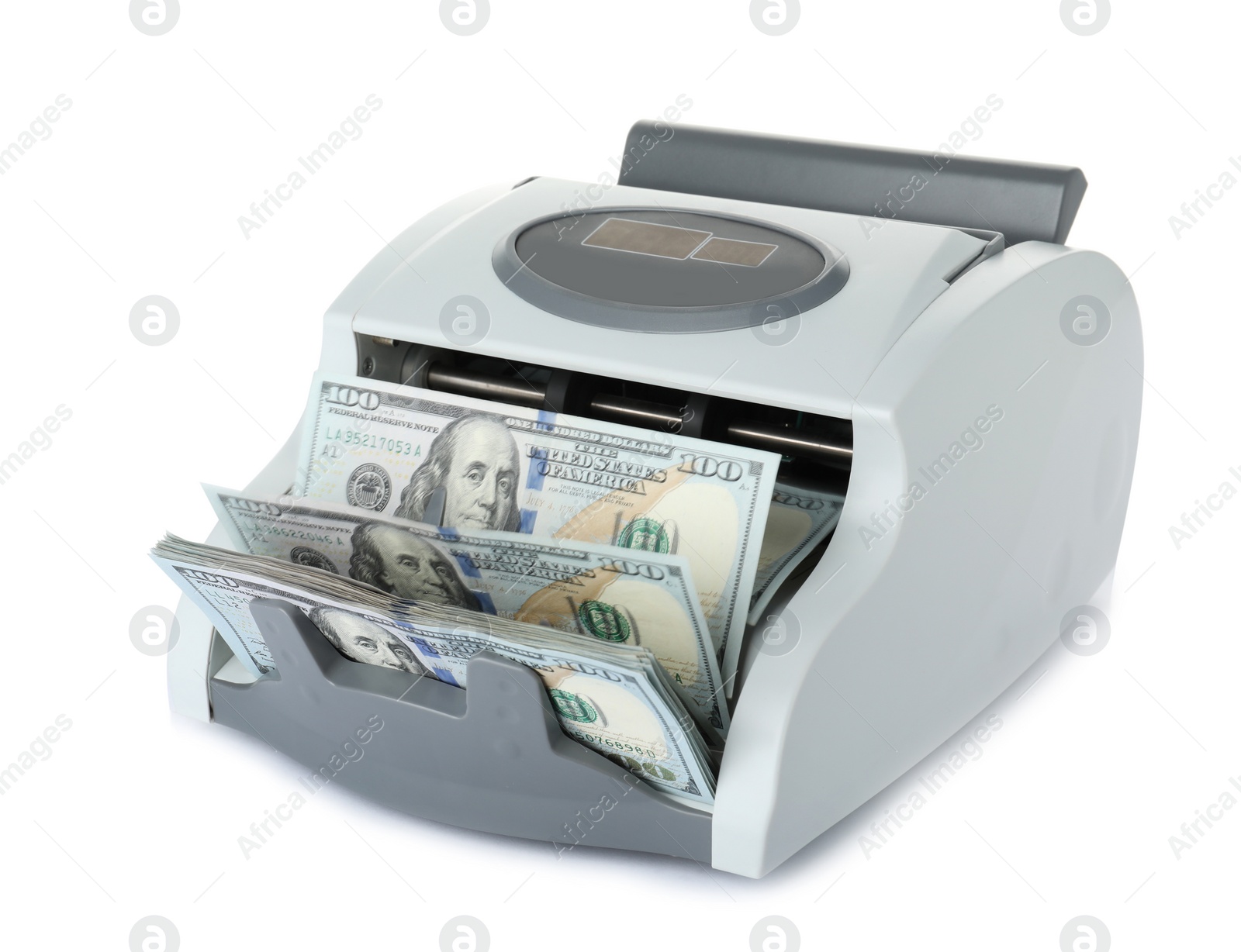 Photo of Modern electronic bill counter with money on white background