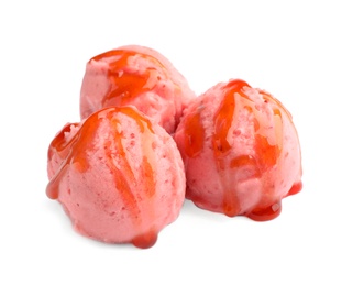 Photo of Scoops of delicious strawberry ice cream with syrup on white background
