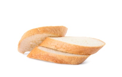 Photo of Slices of fresh baguette on white background